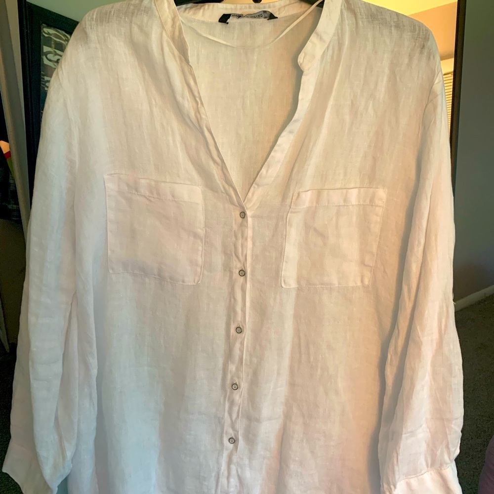 White Zara linen button down shirt